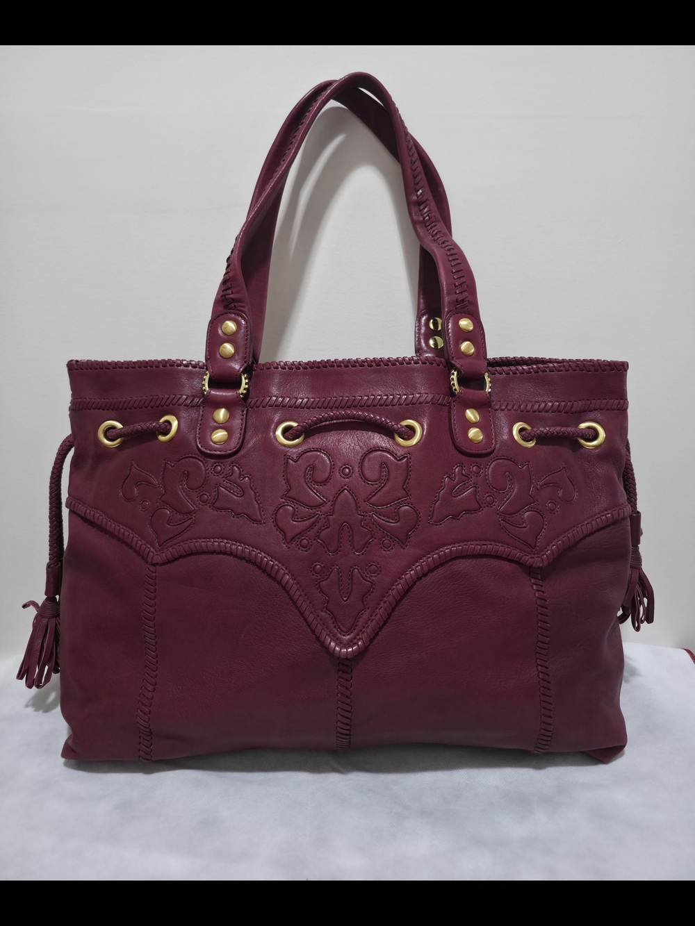 Isabella Fiore Burgundy Leather Embroidered Tote Bag - Boho Chic Shoulder Bag